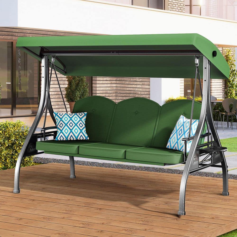 77 in. 3-Person Green Metal Patio Swing with Adjustable Canopy and 2 Side Tables price history on PriceWatchPro