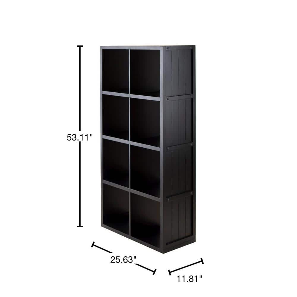 53" Black Wood Transitional 4x2 Cube Shelf with Wainscoting Panels