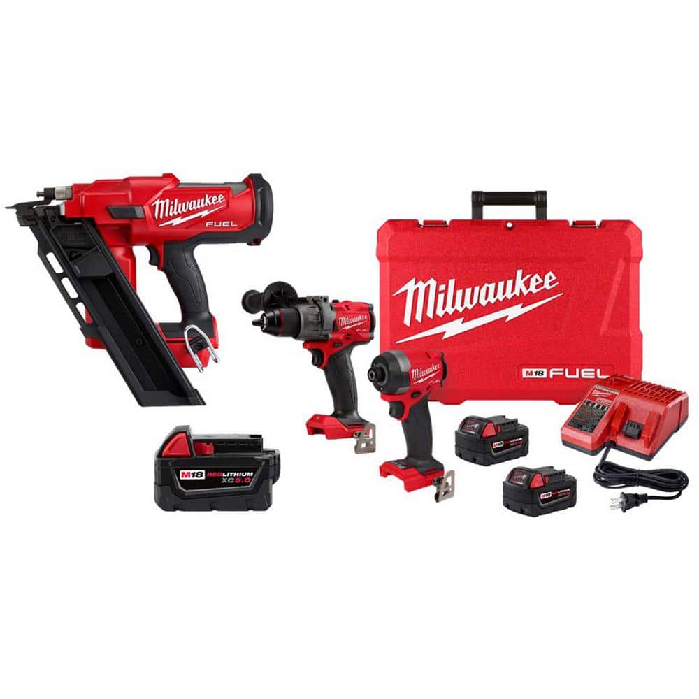 Milwaukee M18 FUEL 18V Brushless Cordless 3-1/2 in. 30-Degree Nailer W/ Hammer Drill/Impact Driver Kit w/ (3) Batteries & Charger