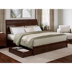 Andorra Walnut Brown Solid Wood Frame King Platform Bed with Panel Footboard and Storage-Drawers