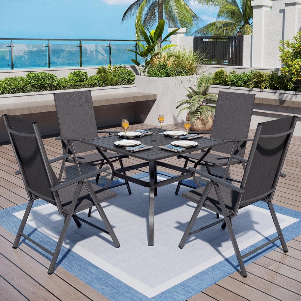 5-Piece Metal Patio Outdoor Dining Set with Black Folding Reclining Sling Chair -  PHI VILLA, THD5-S5-117