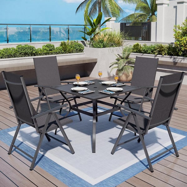 PHI VILLA 5-Piece Metal Patio Outdoor Dining Set with Black Folding Reclining Sling Chair
