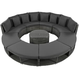 Outdoor Patio Furniture Grey of 9-Piece Wicker Circular Outdoor Sofa Sectional Set with Tempered Glass Table, 6-Pillows