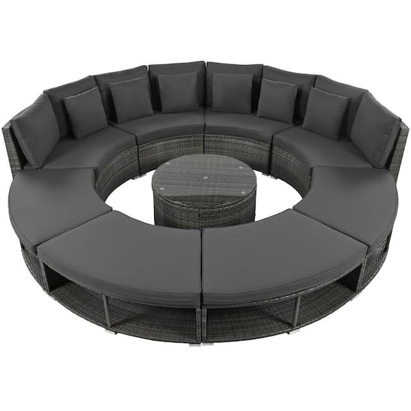 myomere Outdoor Patio Furniture Grey of 9-Piece Wicker Circular Outdoor Sofa Sectional Set with Tempered Glass Table, 6-Pillows