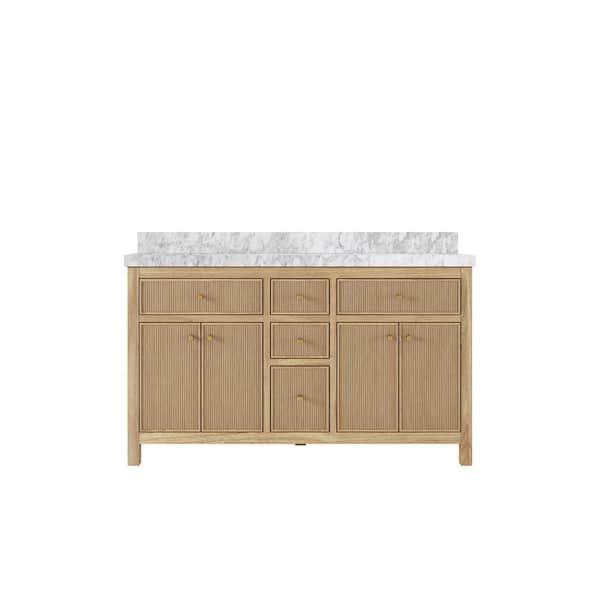 Willow Collections Sonoma Teak 60 in. W x 22 in. D x 36 in. H Double Sink Bath Vanity in Light Natural with 2 in. Carrara Marble Top