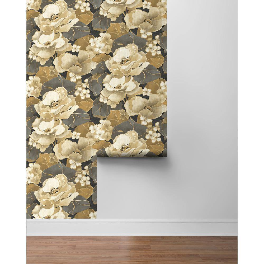 Ebony and Antique Gold Floral Peel and Stick Wallpaper