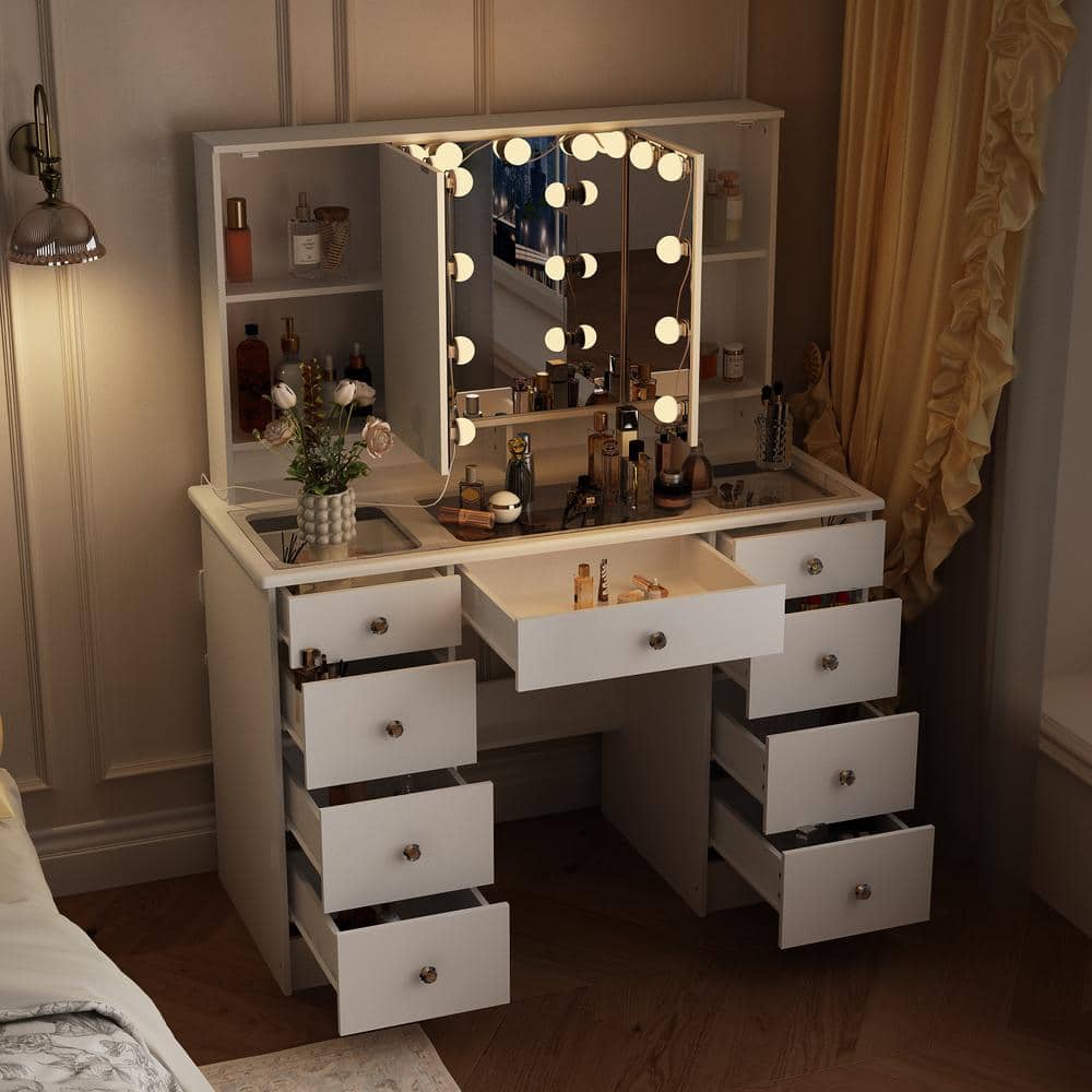 White Makeup Vanity Desk 9-Drawers Wood Dressing Table With 3 Mirrors, Glass Top, Hidden Storage Shelves, LED Bulb Light - thumbnail 4