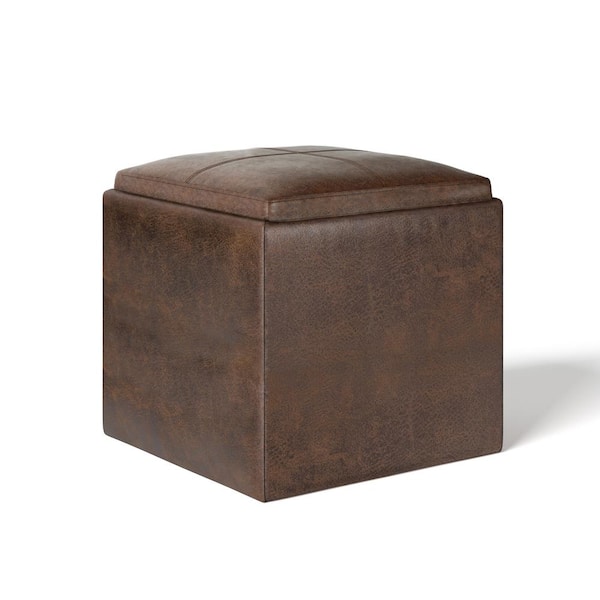 Simpli Home RockWood 18 in. Wide Contemporary Square Cube Storage Ottoman with Tray in Distressed Brown Vegan Faux Leather