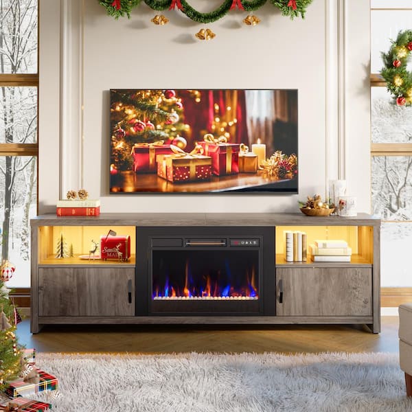Bestier 70.87 in. Wash Grey Electric Fireplace TV Stand Fits TV's Up to 75 in. LED Entertainment Center with Cabinets