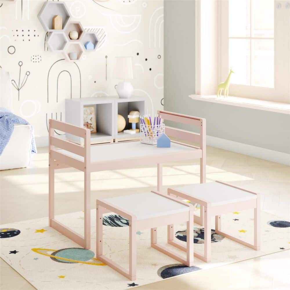 Signy 3-Piece Kids Rectangular Wood Top Pink/White Activity Table Set