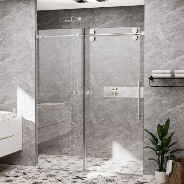 66 in. W x 76 in. H Single Sliding Frameless Shower Door in Brushed Nickel with Smooth Sliding and 3/8 in. Clear Glass