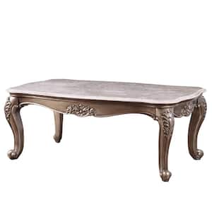 Amelia 32 in. Marble Top and Champagne Rectangle Faux Marble Coffee Table
