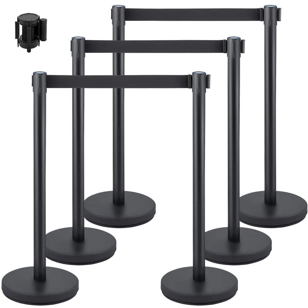 Crowd Control Stanchion Set, 6-Piece, 6.6 ft./2 m Black Retractable Belt, Black Barrier with Concrete and Metal Base