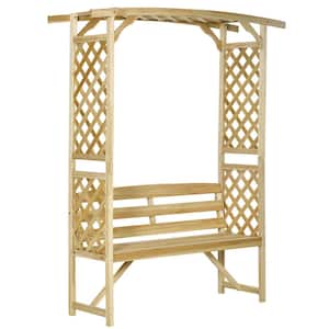 63 in. 3-Person Natural Wood Outdoor Bench Patio Garden Bench Arbor with Pergola and 2 Trellises for Climbing Plants