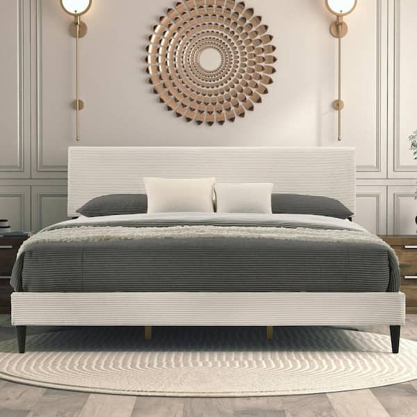 GALANO Bayson Towel Cream Beige Wood Frame King Platform Bed Headboard