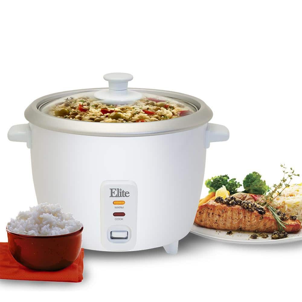Elite Gourmet 6-Cup White Electric Rice Cooker with Glass Lid