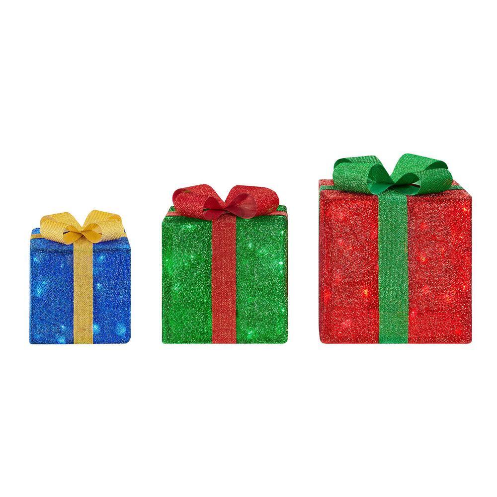 Home Accents Holiday 3-Piece Tinsel LED Gift. Boxes Holiday Yard