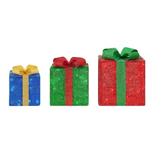3-Piece Tinsel LED Gift. Boxes Holiday Yard Decoration