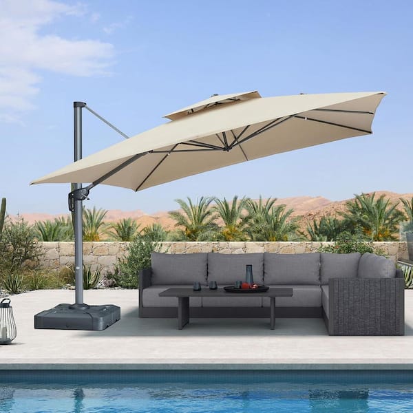 12 ft. Square Sunbrella Double Top Outdoor Aluminum 360° Rotation Cantilever Patio Umbrella in Beige