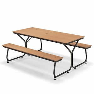 6 ft. Outdoor Metal Rectangular Picnic Table Bench Set for 6-People to 8-People Brown