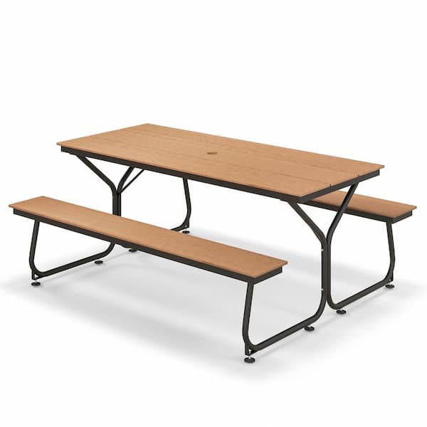 ANGELES HOME 6 ft. Outdoor Metal Rectangular Picnic Table Bench Set for 6-People to 8-People Brown