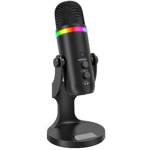 USB Condenser Microphone Gaming Streaming Noise Cancellation RGB Touch Mute Echo Monitoring in Black