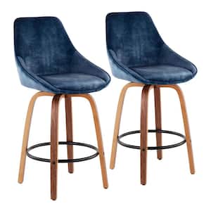 Diana 25.50 in. Solid Back Counter Height Stool in Blue Velvet and Walnut Wood with Round Black Footrest (Set of 2)