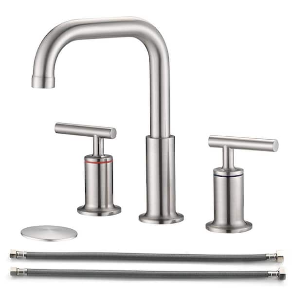 Tahanbath 8 in. W pread High Arc 2-Handle Bathroom Faucet with Pop Up Drain in Brushed Nickel