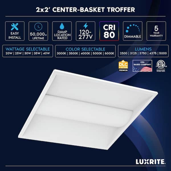 40-Watt 2 x 2 ft. Integrated LED Troffer Light 3000K-6000K, 2500-5000LM, 0-10V Dimmable, 120-277V ETL DLC Premium 2 Pack