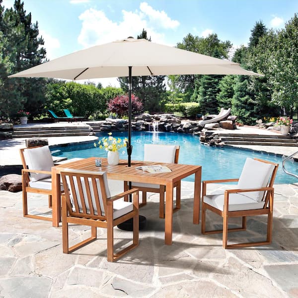 Alaterre Furniture Weston 6-Piece Wood Outdoor Dining Table Set with 4-Chairs with Cushions, 10 ft. Rectangular Umbrella Beige