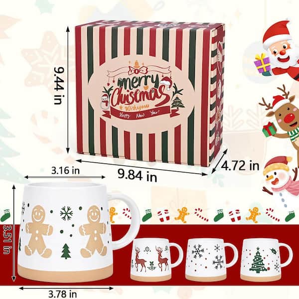 Numhew White Ceramic 14 oz. Christmas Coffee Mugs Set with Festive Christmas Themed Design (Set of 4)