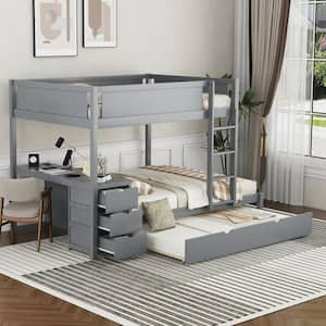 Full-over-Full Bunk Bed with Twin size Trundle, Storage and Desk, Gray