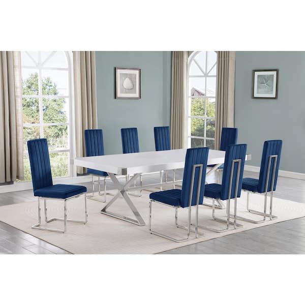 Best Quality Furniture Miguel 9-Piece Rectangle White Wood Top Silver Stainless Steel Dining Set with 8 Navy Blue Velvet Chairs