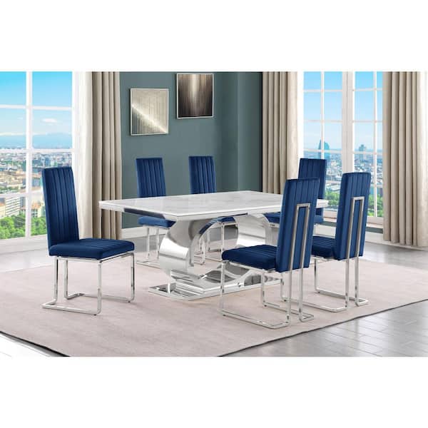 Best Quality Furniture Ibraim 7-Piece Rectangle White Marble Top With Stainless Steel Base Dining Set With 6 Navy Blue Velvet Chrome Iron Chair