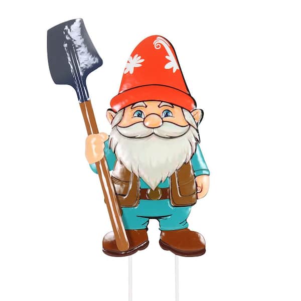 Colorful Gnome Hand Painted with Shovel 2.1 ft. MultiColor Metal Garden Stake