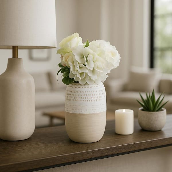 Liv & Skye 8 in. Ivory/Beige Ceramic Tribal Design Decorative Vase 13828-03
