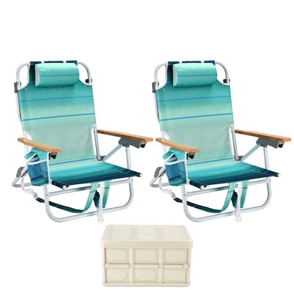Otryad 2-Pieces Green Mixed Aluminum Folding Backpack Beach Chair, Outdoor Camping Chair Set with Cup Holder and Storage Box