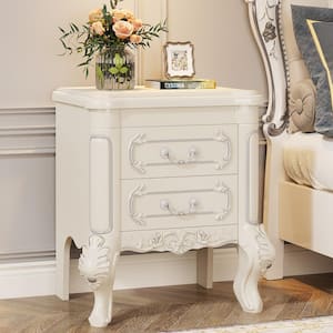 White2 Drawers 20.08 in. W Nightstand, End Table Carved Bedside Tables for Bedroom, Living Room