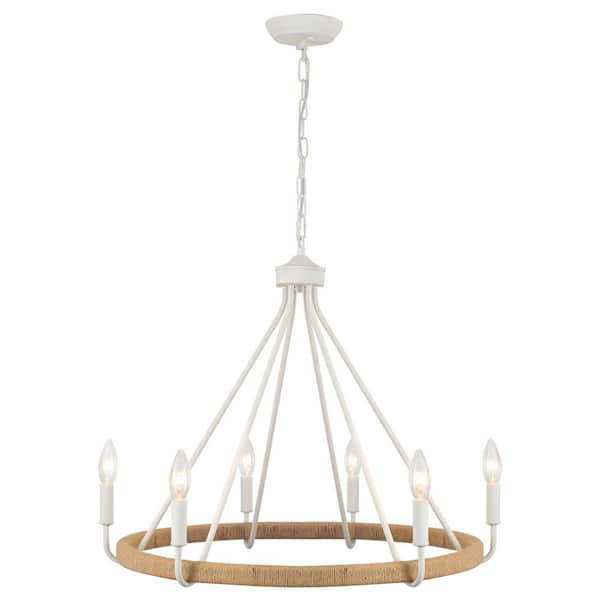 6-Light Distressed White Farmhouse Chandelier Wagon Wheel Candlestick Light Fixture for Kitchen Island