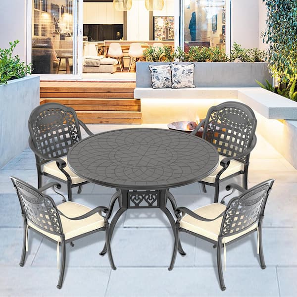 Willit Isabella 5-Piece Cast Aluminum Outdoor Dining Set with 47.24 in. Round Table and Random Color Cushions