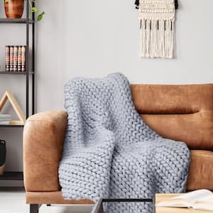 Chunky Knitted Blue Acrylic Throw Blanket