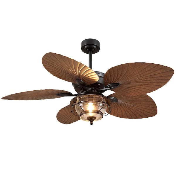 52 in. Indoor/Outdoor Tropical Downrod Brown 5 Palm Leaf Ceiling Fan with Light and Remote Wet Rated for Patios