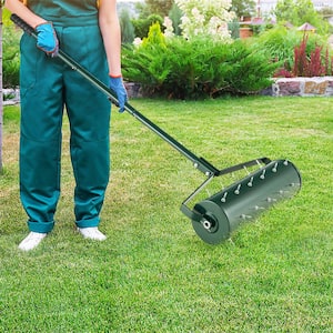 21 in. Manual Lawn 36-Tine Spike Aerator Rolling Push Grass Aeration Tool with Handle in Green