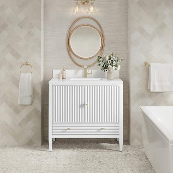James Martin Vanities Myrrin 36.0 in. W x 23.5 in. D x 34.06 in. H Single Bathroom Vanity in Bright White with White Zeus Quartz Top