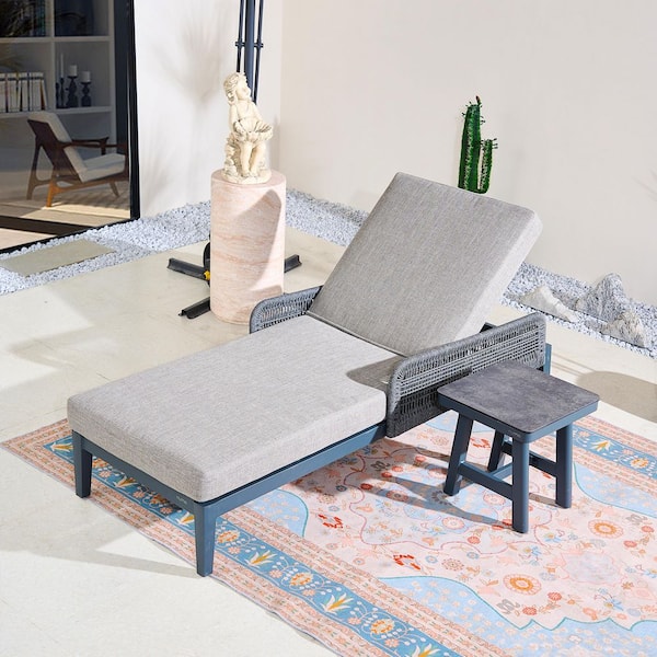 Bellaire 2-Piece Aluminum Outdoor Rope Weaving Reclining Chaise Lounge Set with Gray Cushions