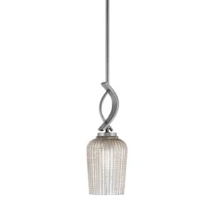 Olympia 1-Light Stem Hung Graphite, Mini Pendant-Light with Silver Textured Clear Glass Shade, No Bulb Included
