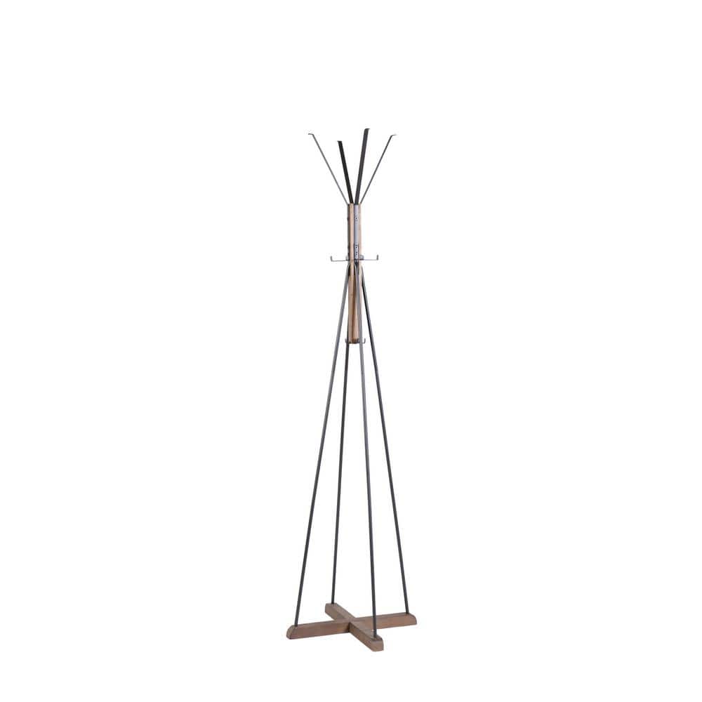 Brown Wood and Metal Freestanding Coat Rack with Hooks