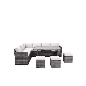 7-Piece All Weather Metal Outdoor Chaise Lounge Patio Furniture Set with Dining Table, Ottomans and Beige Cushions