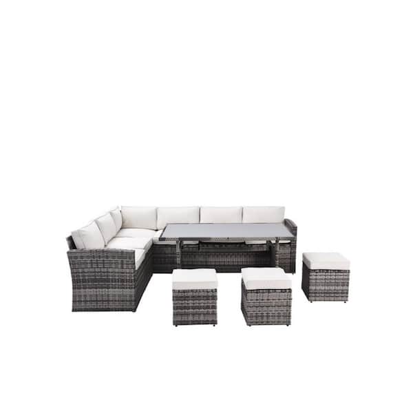 Unbranded 7-Piece All Weather Metal Outdoor Chaise Lounge Patio Furniture Set with Dining Table, Ottomans and Beige Cushions