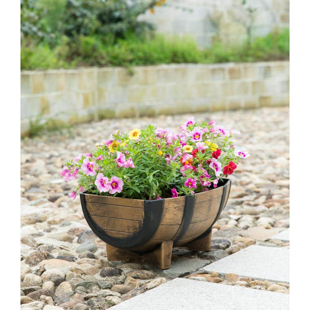Rustic Brown and Black Plastic Half Barrel Planter Set